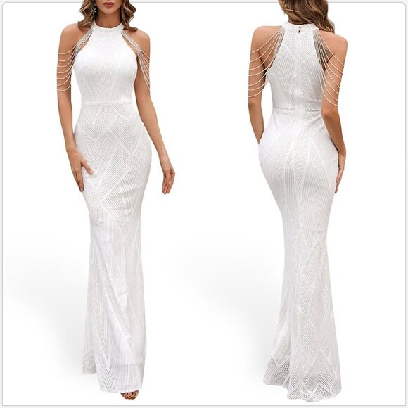 Miss Ord White Cold Shoulder Beads Chain Sequin Formal Evening Gown Dress NWT S - Picture 1 of 6